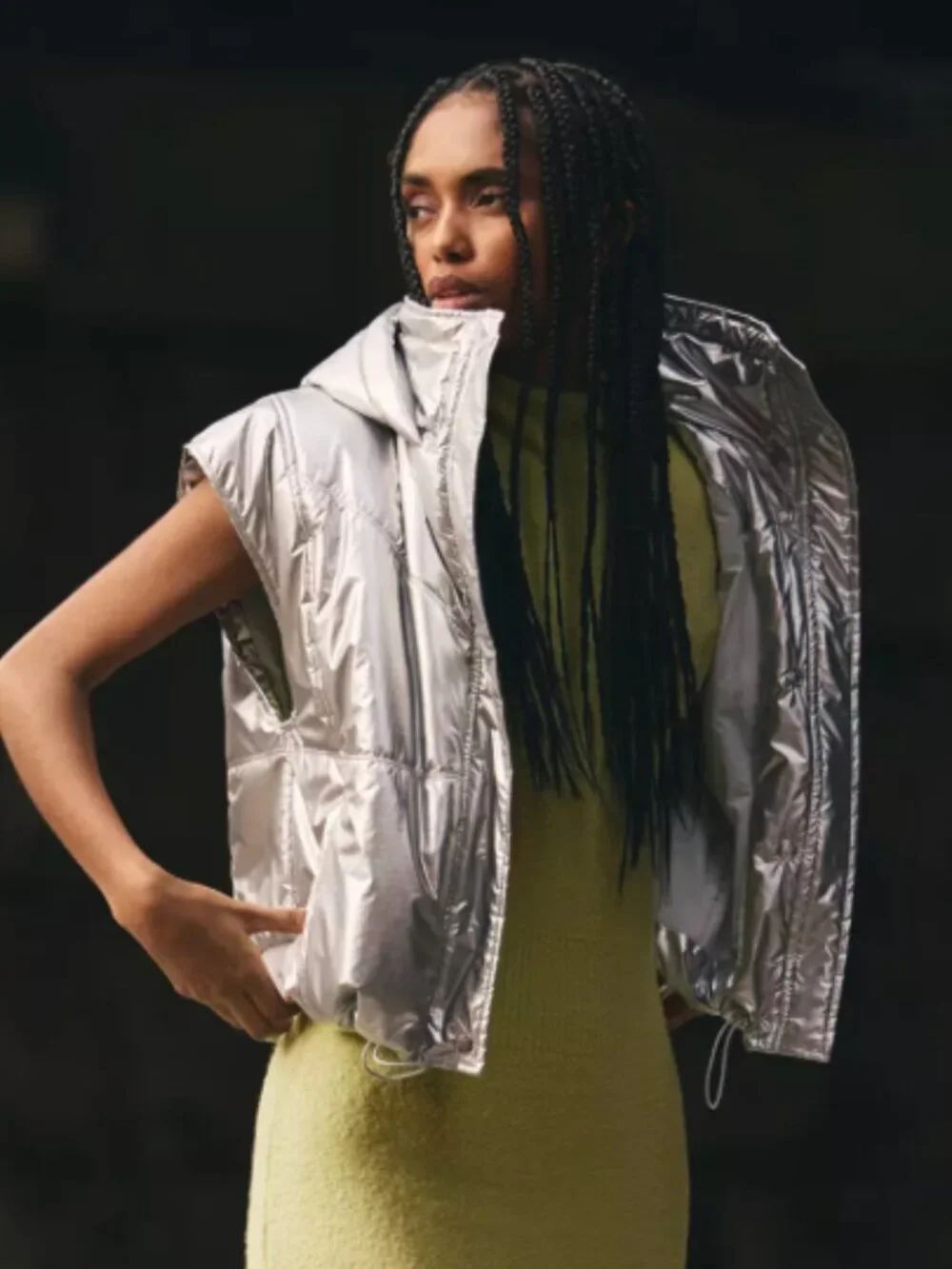Daily Practice Anthropologie NWT Metallic Silver Hooded Puffer Vest Pockets, S